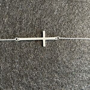 Horizontal cross, necklace, silver with faux diamond accent